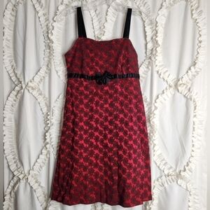 Vintage Y2K Red Black Floral Print Bow Waist Mini Dress Sz Small